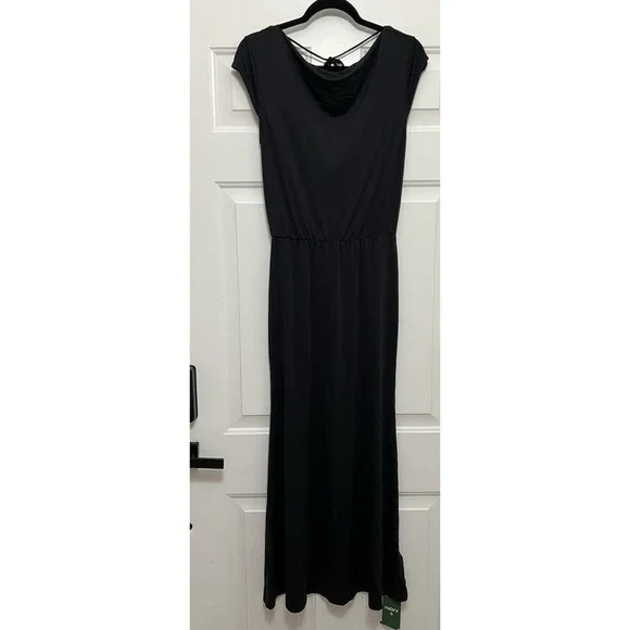 NWT Halara Tie Back Cowl Neck Cap Sleeve Maxi Dress Slip Black Yarn Small Witchy - Picture 6 of 9